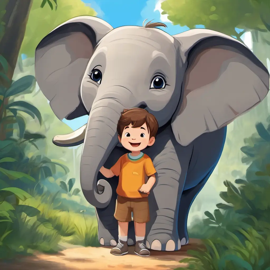 Timmy is a little boy with brown hair and a big smile and Ellie is a baby elephant with wrinkled gray skin and kind eyes become best friends and start playing together.