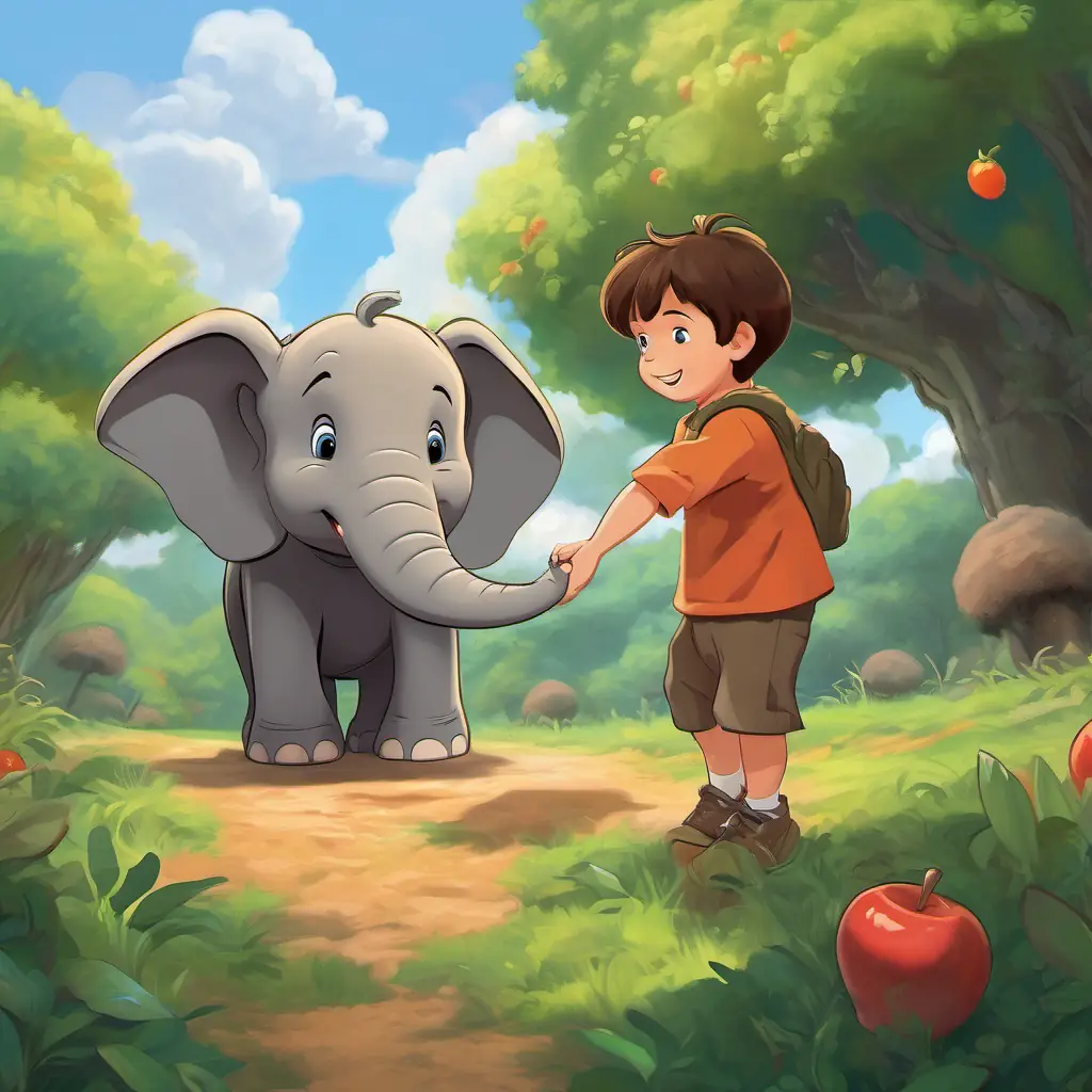 Timmy is a little boy with brown hair and a big smile notices Ellie is a baby elephant with wrinkled gray skin and kind eyes's struggle to reach fruits and offers to help.