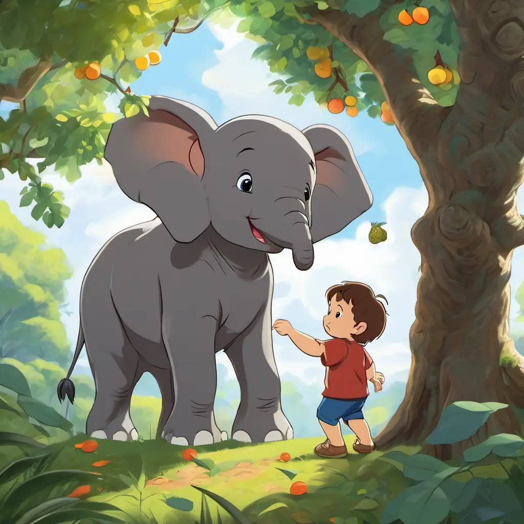 Timmy is a little boy with brown hair and a big smile climbs the tree and gives fruits to Ellie is a baby elephant with wrinkled gray skin and kind eyes.