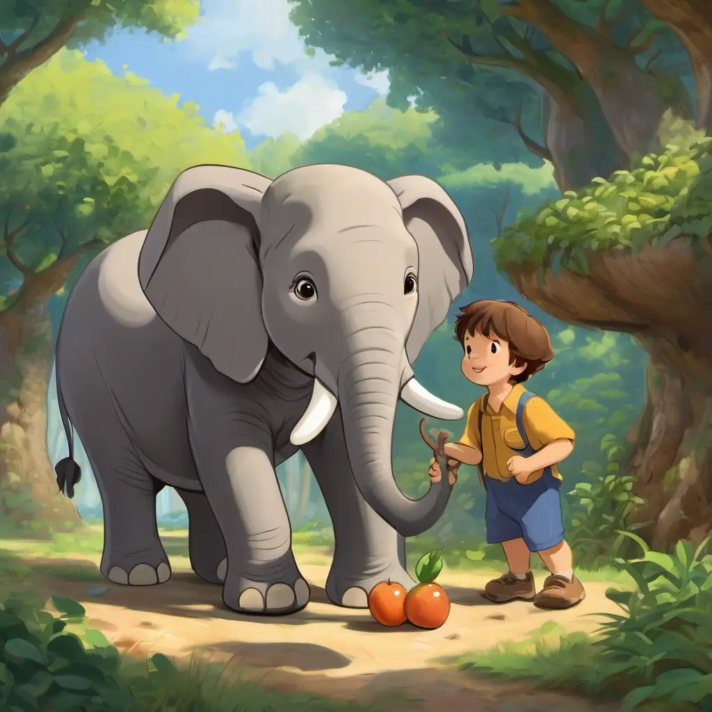 Timmy is a little boy with brown hair and a big smile tells Ellie is a baby elephant with wrinkled gray skin and kind eyes the truth about eating one of the fruits and they discuss the importance of honesty.