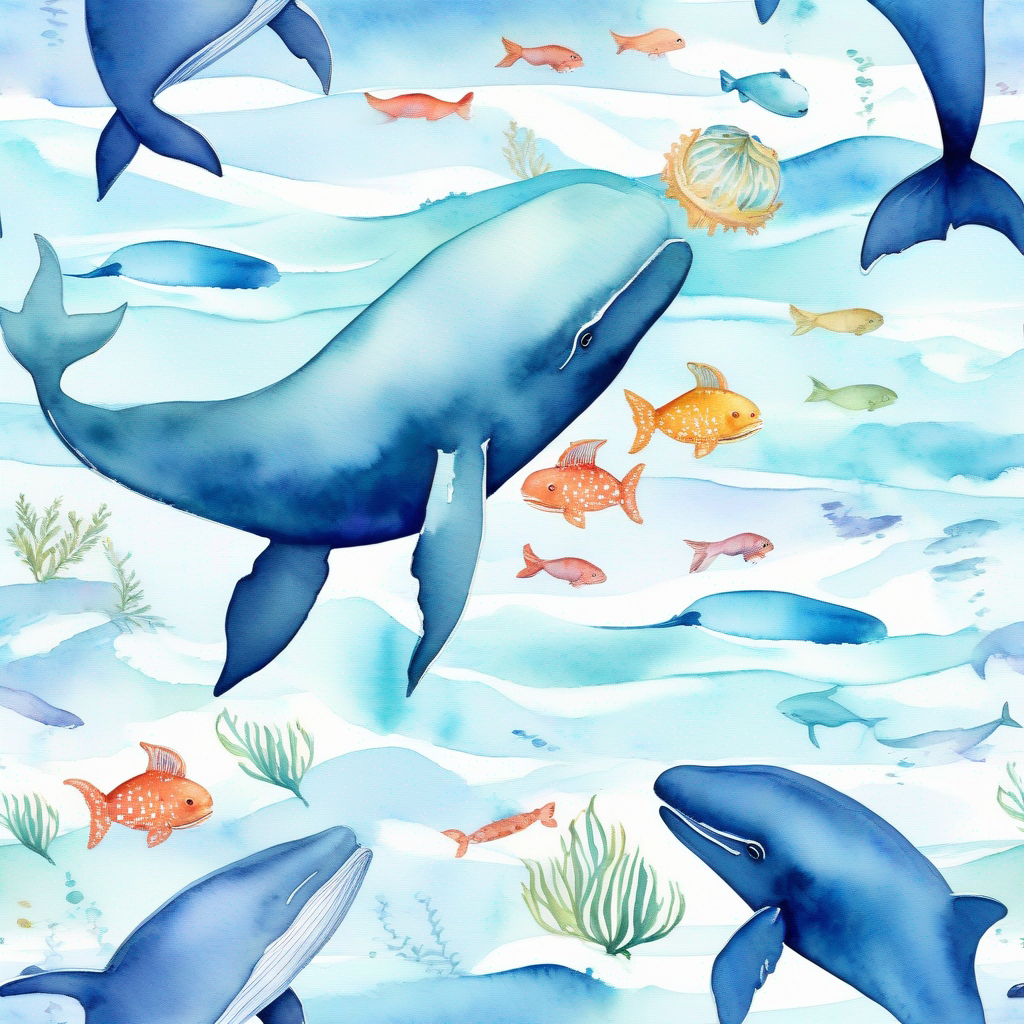 Special whale with a friendly fish exploring the ocean.