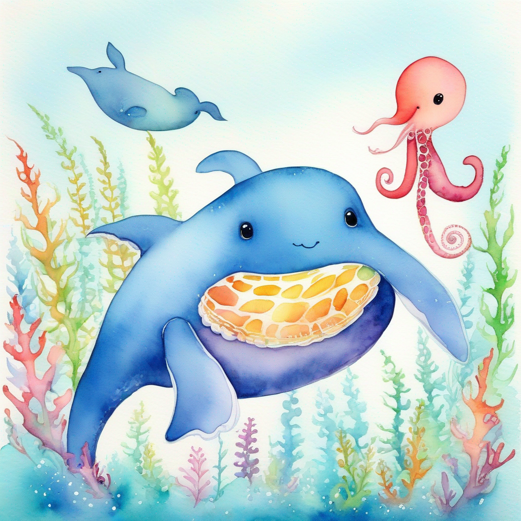 Special whale with new friends - seahorse, octopus, and turtle.