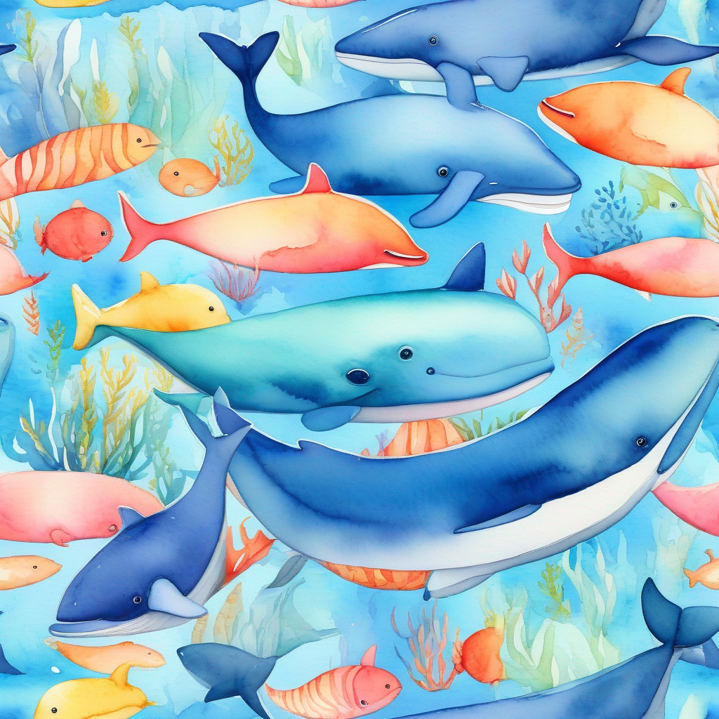 Happy special whale surrounded by friends in the deep blue ocean.