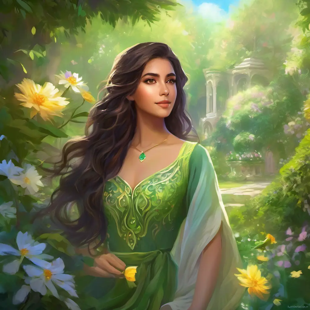 Lush garden with Faiqa: long dark hair, kind brown eyes and Shama: short curly hair, bright green eyes, sunny day, tender care