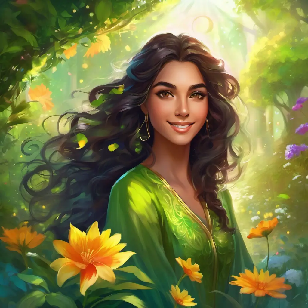 Vibrant garden with Faiqa: long dark hair, kind brown eyes and Shama: short curly hair, bright green eyes, sunny day, proud smiles