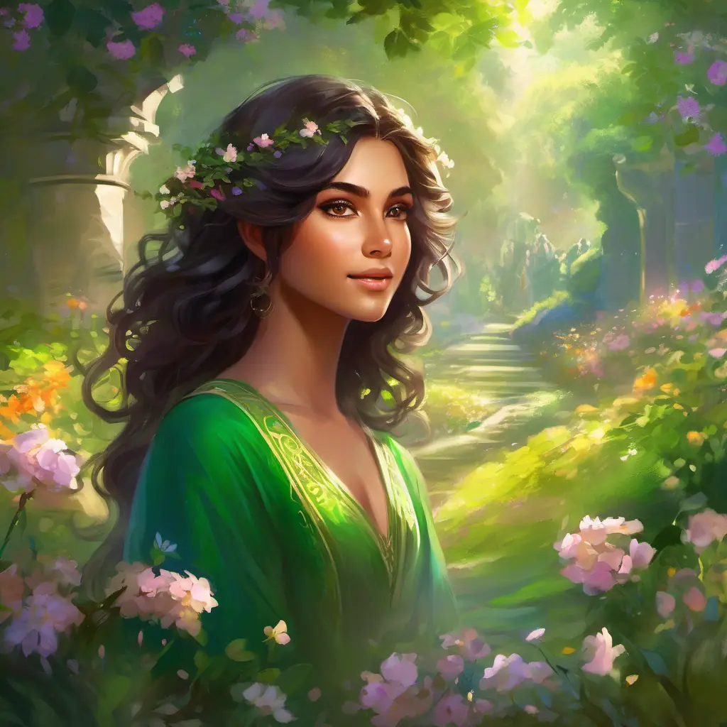 Faiqa: long dark hair, kind brown eyes and Shama: short curly hair, bright green eyes, beautiful garden, sunny day, blooming with hope