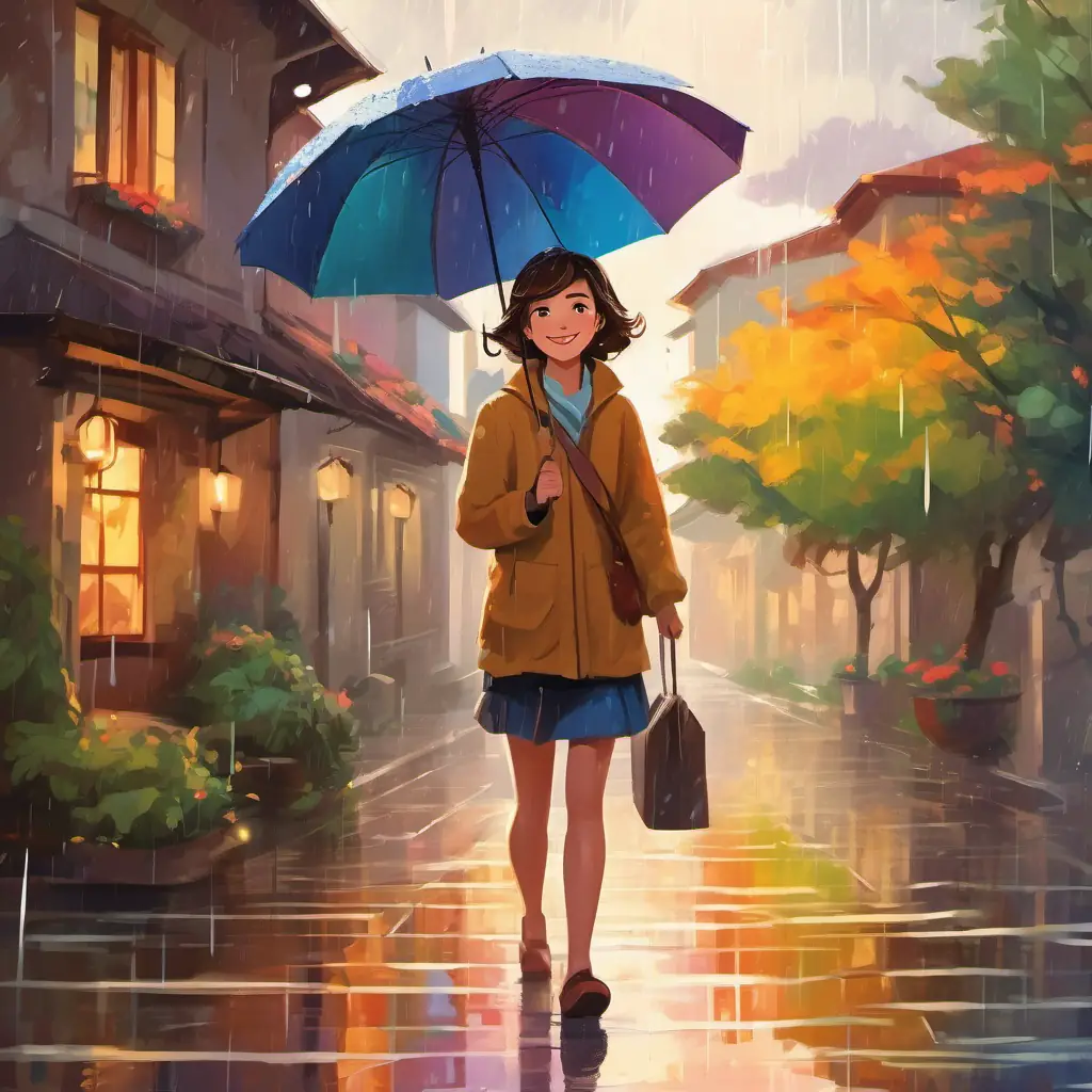 Young girl, short wavy hair, brown eyes, always smiling leaving home, rain falling, colorful umbrella