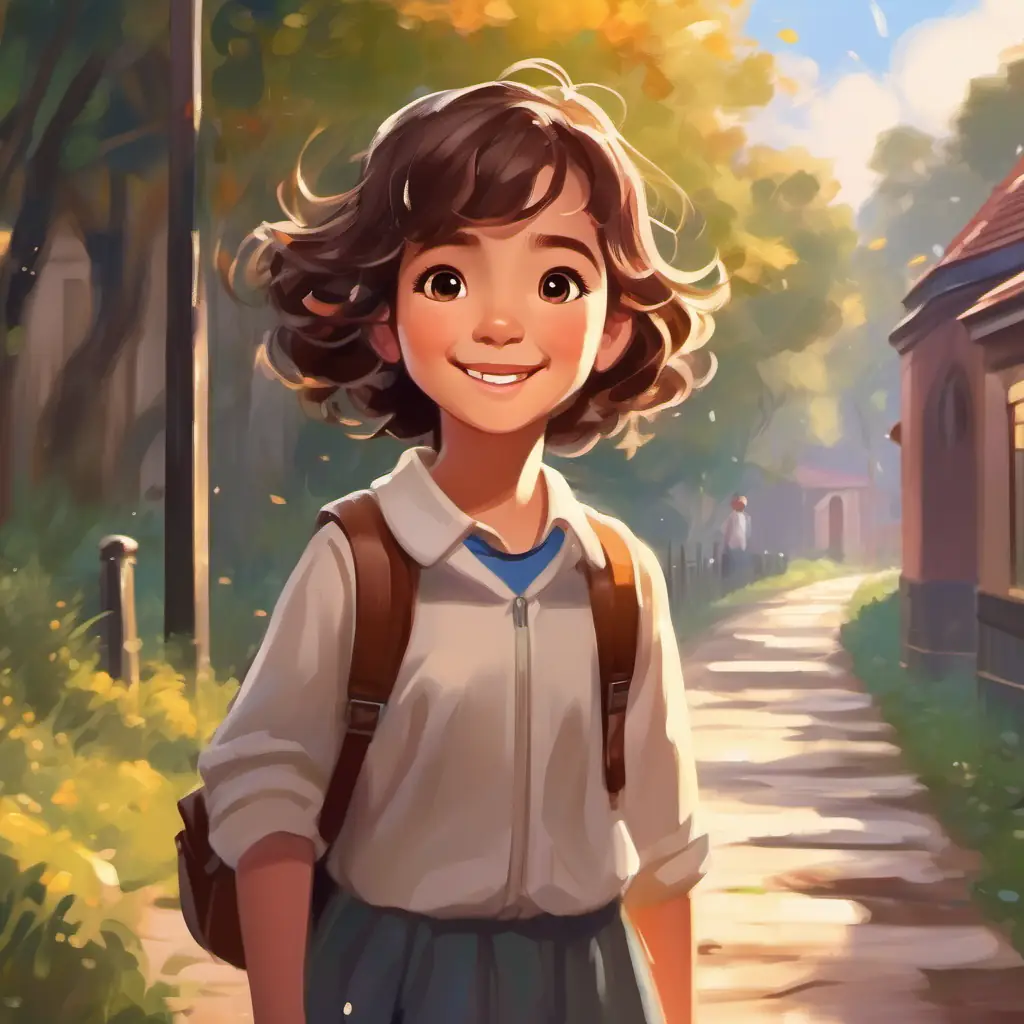 Young girl, short wavy hair, brown eyes, always smiling on her way to school, wet path, playful mood