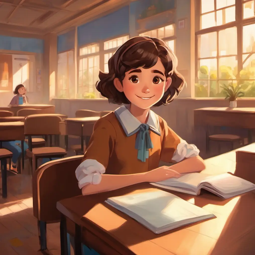 Classroom setting, concerned Young girl, short wavy hair, brown eyes, always smiling, friend in need