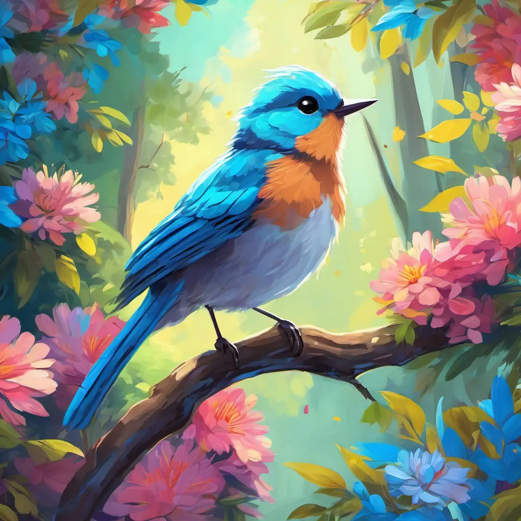 A little bird with bright blue feathers, chirping cheerfully the bird is standing on a tree branch, surrounded by flowers in a vibrant forest