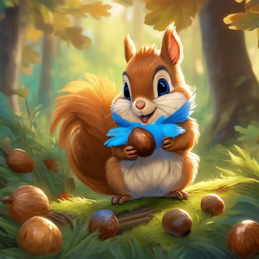 A little bird with bright blue feathers, chirping cheerfully is talking to A squirrel with soft brown fur and big round eyes, who is holding an acorn, in the middle of an acorn-filled clearing