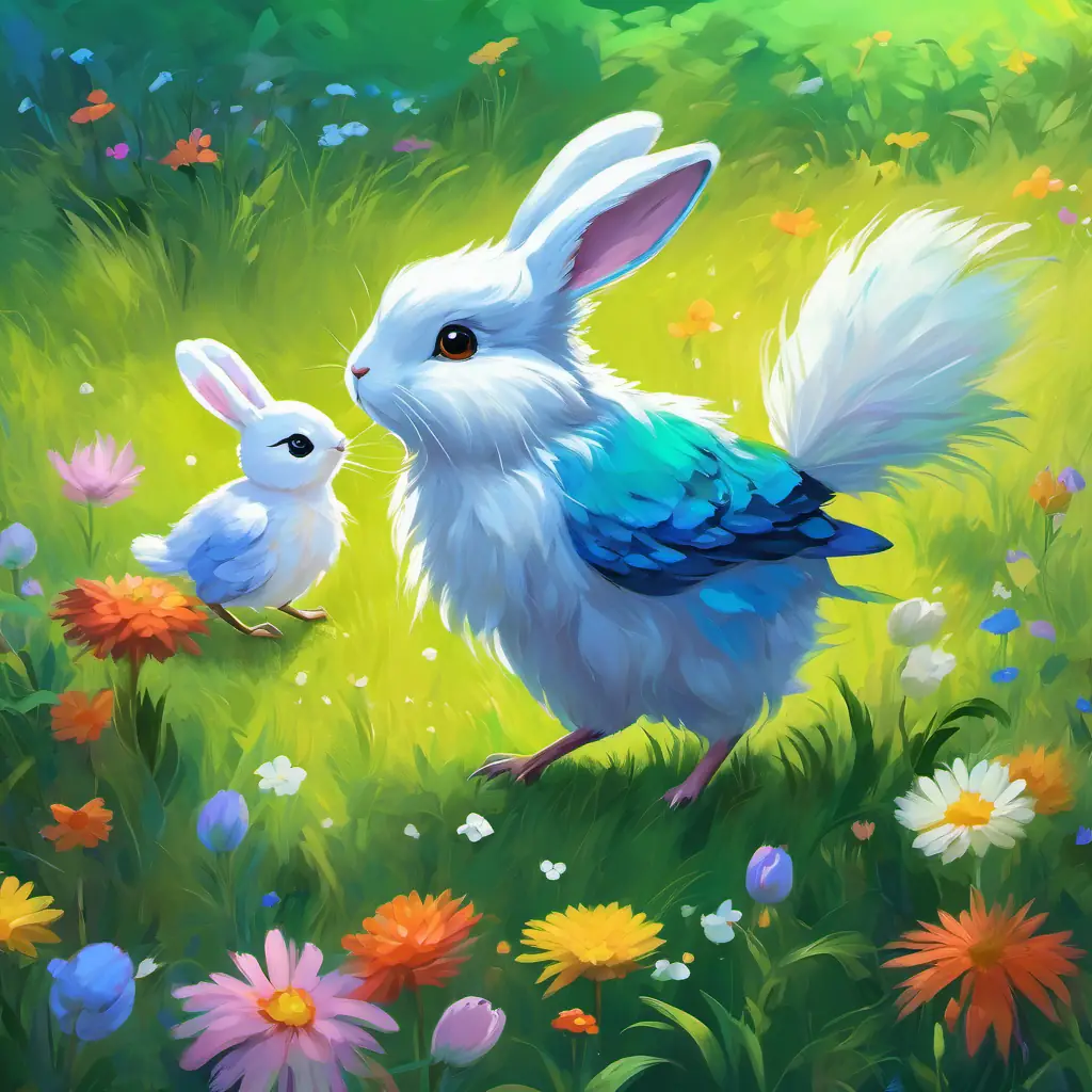 A little bird with bright blue feathers, chirping cheerfully is talking to A bunny with fluffy white fur and long floppy ears, who is hopping on green grass near a cluster of colorful flowers