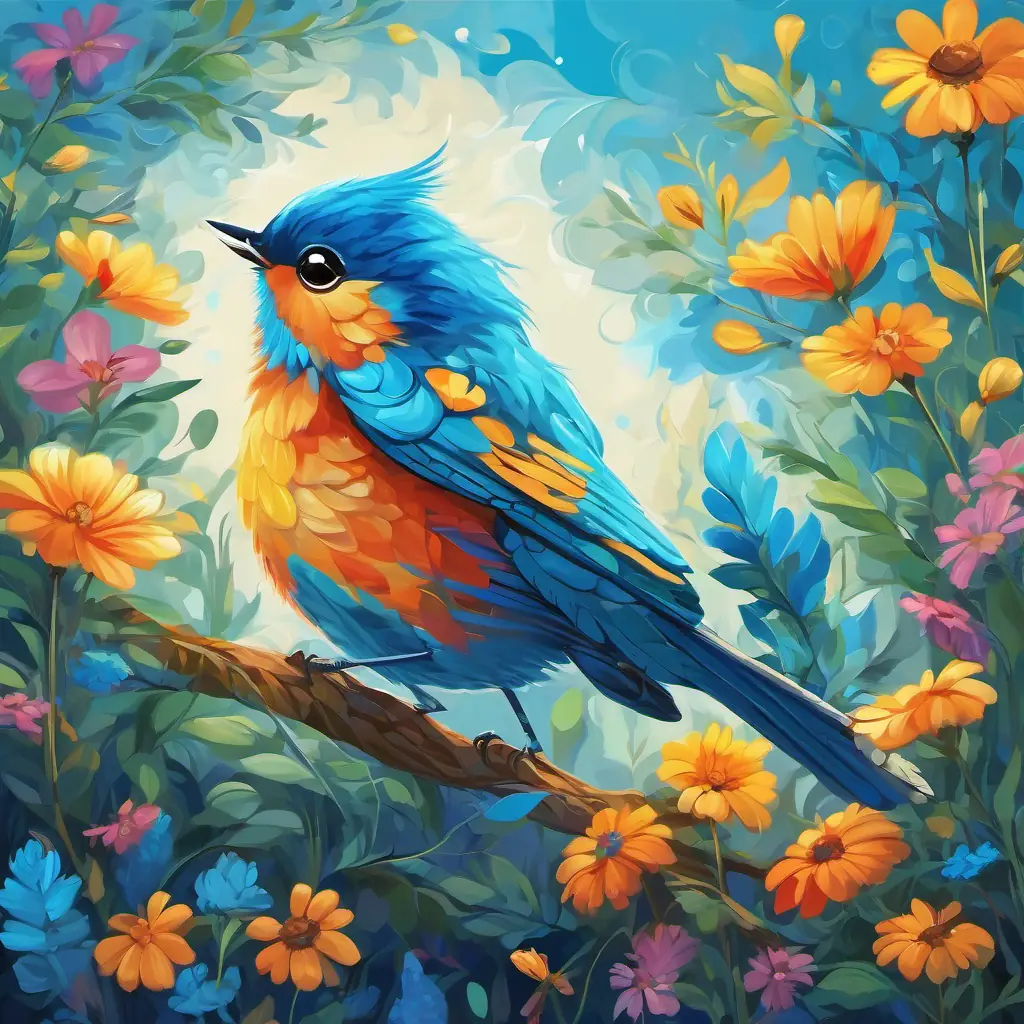 A little bird with bright blue feathers, chirping cheerfully is talking to A butterfly with delicate wings adorned with vibrant patterns, who is fluttering her colorful wings near a patch of blooming flowers