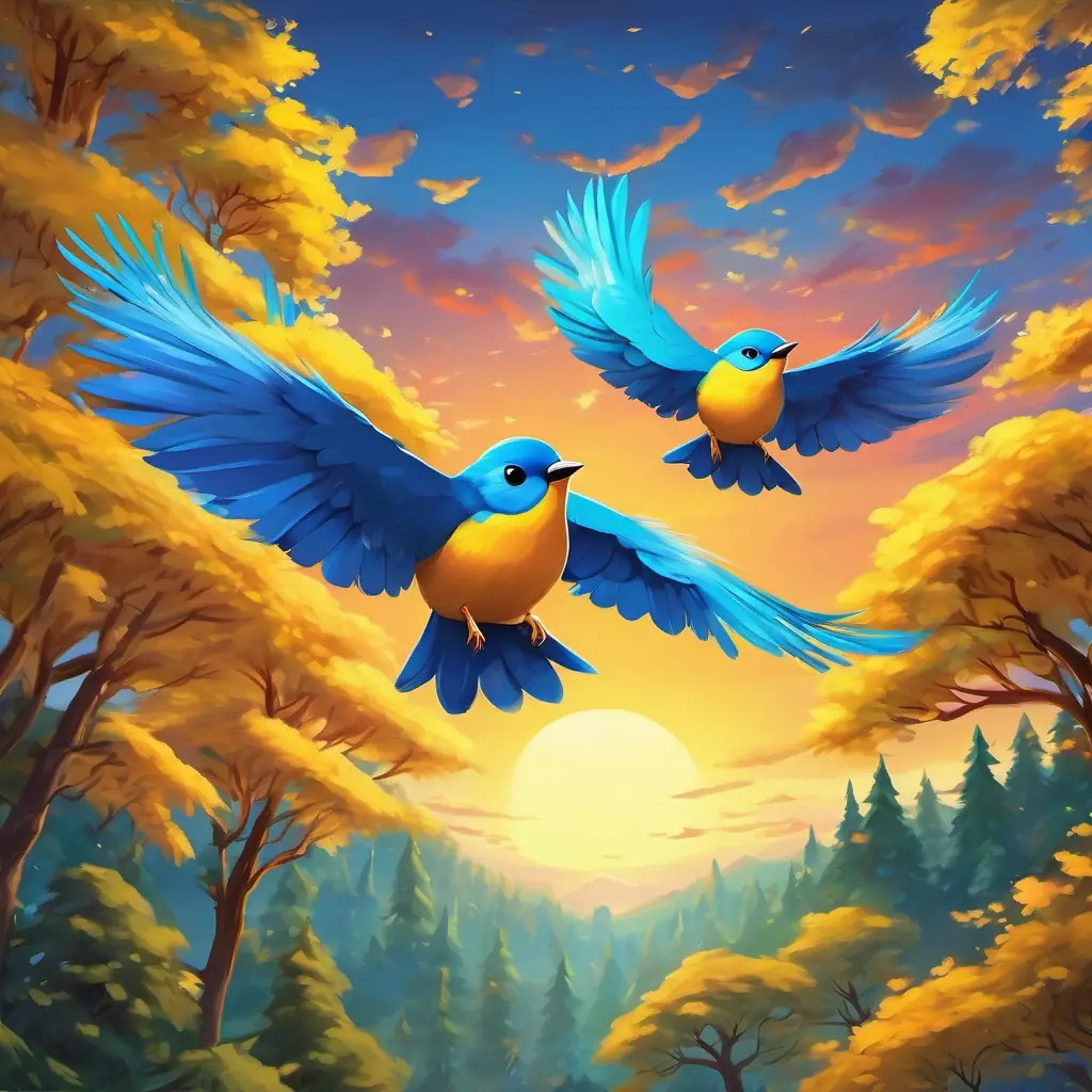 A little bird with bright blue feathers, chirping cheerfully and A little bird with yellow feathers and a sweet melodious voice are flying together through the forest, surrounded by a beautiful sunset sky