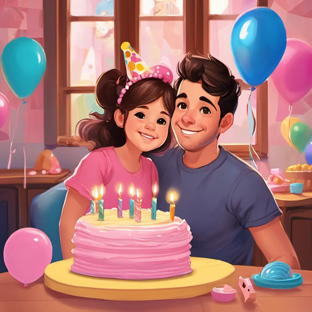 Olivia stands in the middle of a room, surrounded by colorful balloons and streamers, with a big pink cake on the table behind her. Her friends and family are all wearing party hats and smiling.