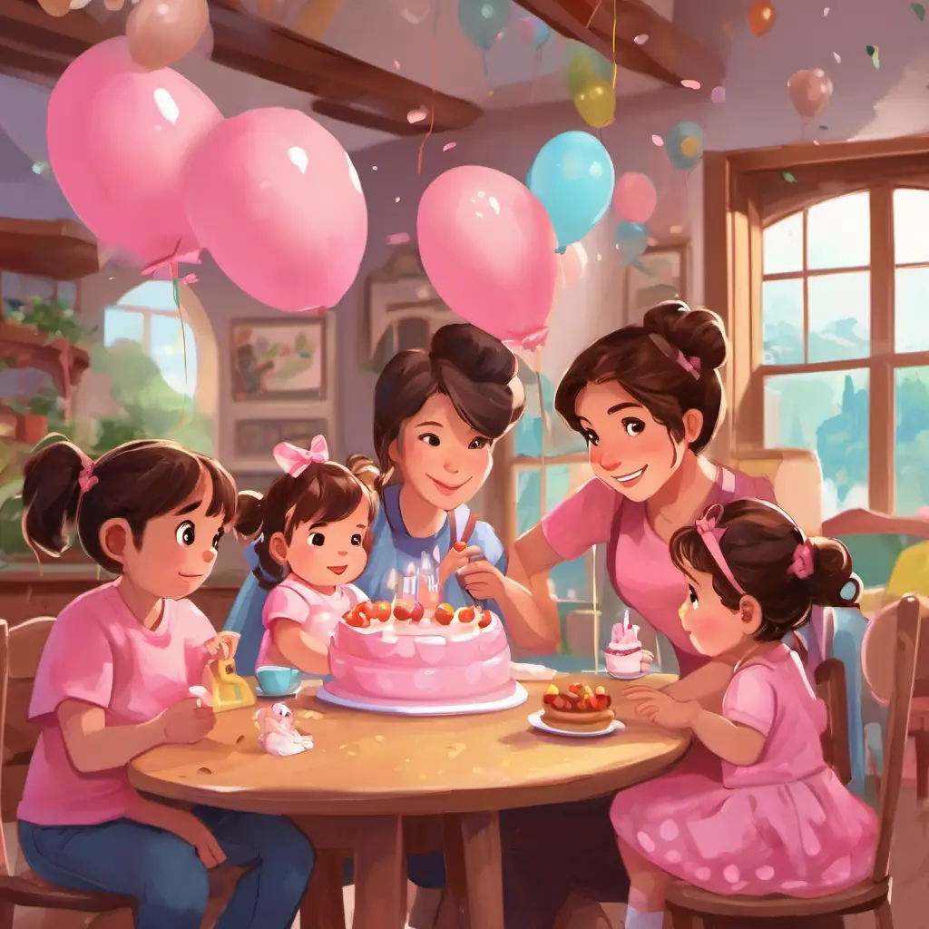 Olivia sits at the table, surrounded by friends and family. Cake crumbs are everywhere, and some balloons are floating around the room while others stick to the ceiling.