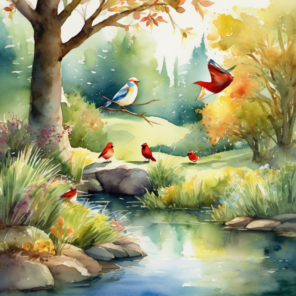 One sunny afternoon, as Whiskers was lounging near the village pond, he noticed a flock of colorful birds chirping excitedly. He went closer to listen to their conversation. "Did you hear about the magical gem hidden deep in the enchanted forest?" chirped the leader of the flock.