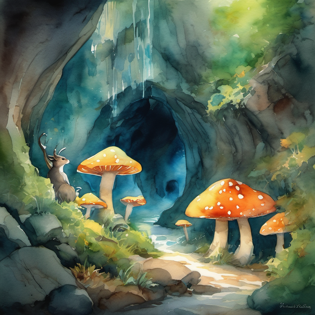 With their guidance, Whiskers braved dancing trees, glowing mushrooms, and slippery pathways. As he reached the cave, he walked boldly inside, feeling both scared and excited. Inside the cave, Whiskers found himself surrounded by statues of fearsome-looking creatures. Suddenly, a voice boomed, "Who dares enter our domain?"