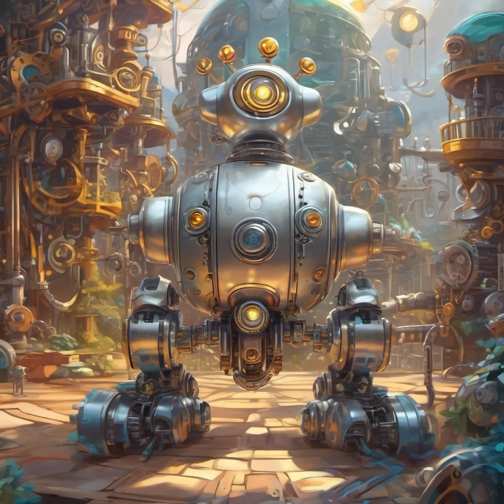 A shiny silver robot with big round glowing eyes in a mechanical and whimsical land filled with gears and wires.