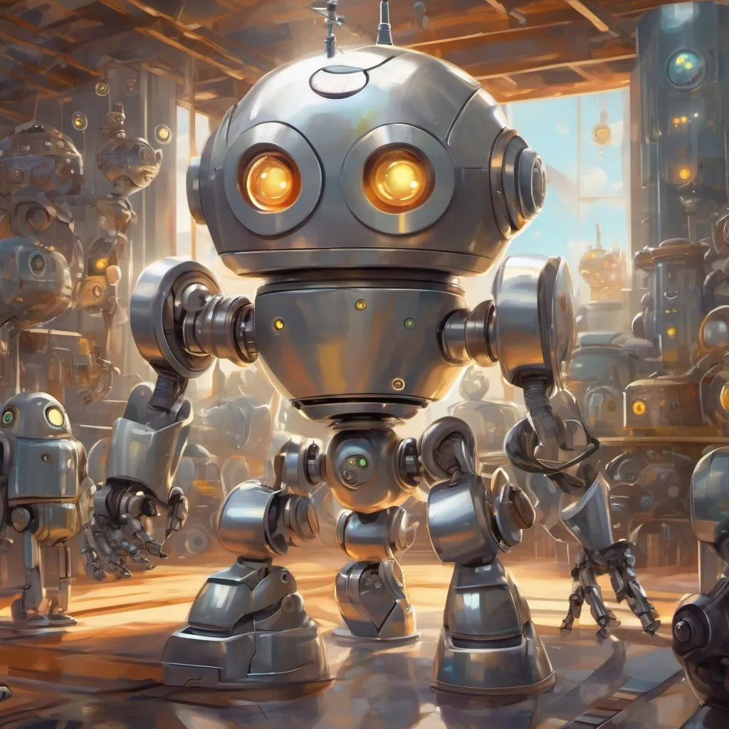 A shiny silver robot with big round glowing eyes, displaying a range of emotions the robot beeping, booping, and whirling, looking curious and thoughtful amongst other typical, emotionless robots.