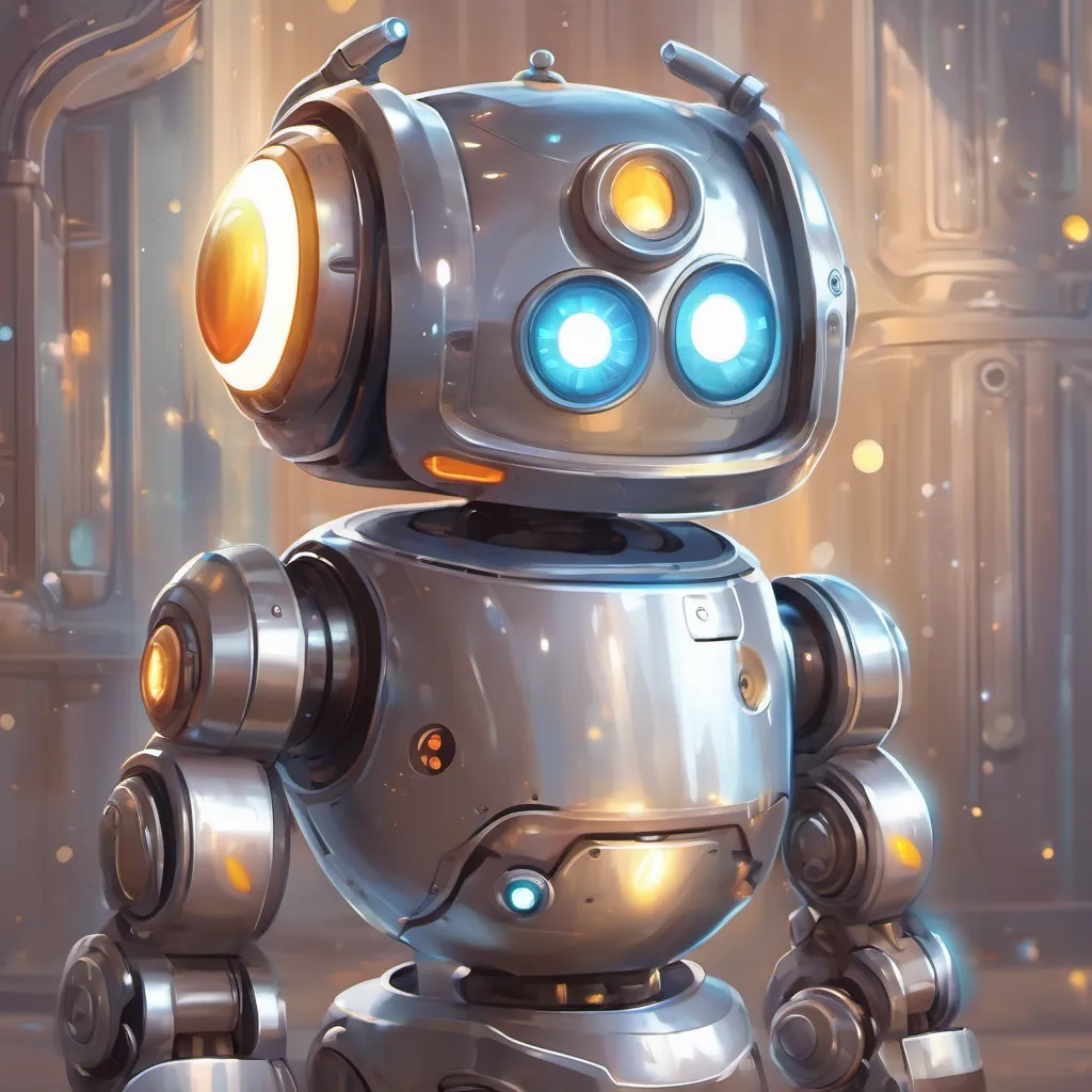 A shiny silver robot with big round glowing eyes, displaying a range of emotions the robot feeling a warm joy inside, glowing brighter than ever before, surrounded by a sense of satisfaction and kindness.