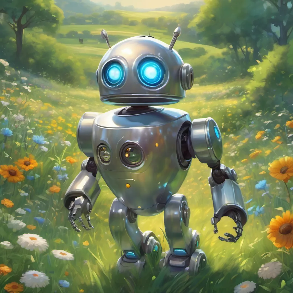 A shiny silver robot with big round glowing eyes, displaying a range of emotions the robot rolling through the meadow with a new understanding, surrounded by friends both robotic and natural, sharing the joy of emotions.