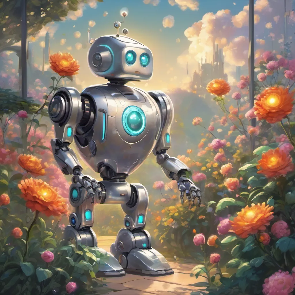 A shiny silver robot with big round glowing eyes, displaying a range of emotions the robot looking at a blooming flower with a soft flutter in his circuits, while other robots stand still and silent.