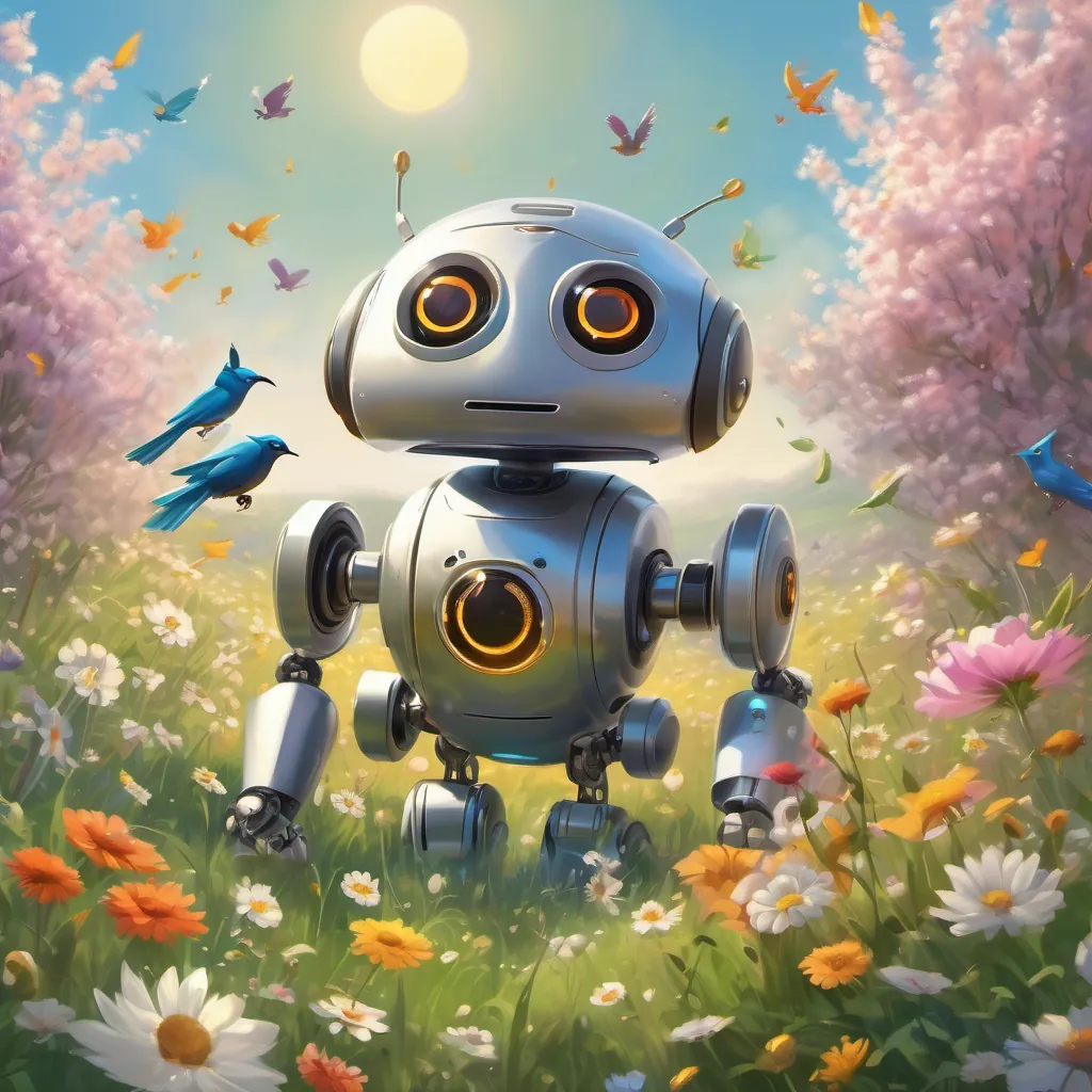 A shiny silver robot with big round glowing eyes, displaying a range of emotions the robot happily rolling through a sunny meadow, surrounded by singing birds and blooming flowers.