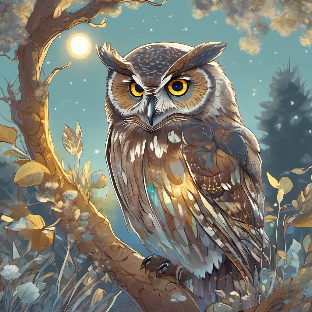 A wise old owl named A wise old owl with a kind and knowing expression, perched on a branch in a meadow speaking to A shiny silver robot with big round glowing eyes, displaying a range of emotions the robot in the meadow, imparting wisdom with an air of serenity.