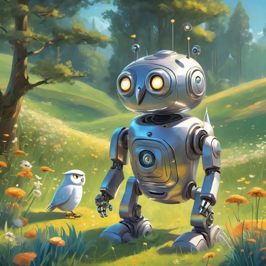 A shiny silver robot with big round glowing eyes, displaying a range of emotions the robot looking sad, talking to a smiling and wise owl in a meadow.