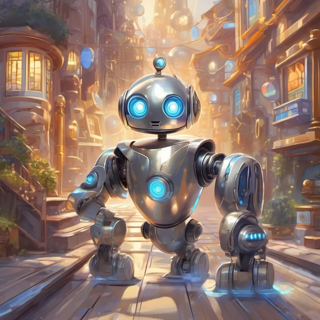 A shiny silver robot with big round glowing eyes, displaying a range of emotions the robot beaming with joy, rolling along with a light in his circuits, ready for new adventures.