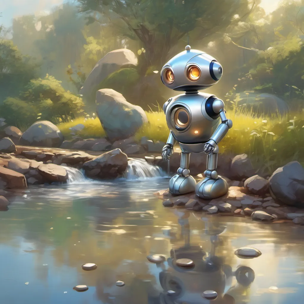 A shiny silver robot with big round glowing eyes, displaying a range of emotions the robot finding a broken toy near a stream, the toy looking sad and whispering about its lost dreams.