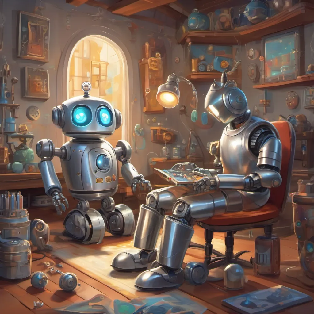 A shiny silver robot with big round glowing eyes, displaying a range of emotions the robot fixing the broken toy with a caring smile, their circuits sparking with connection and hope.
