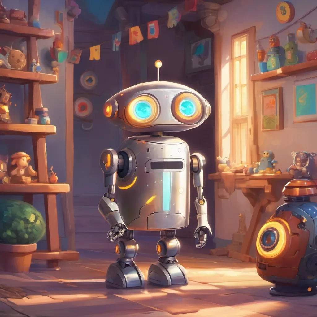 The once broken toy now fixed and beaming with a radiant smile, thanking A shiny silver robot with big round glowing eyes, displaying a range of emotions the robot.