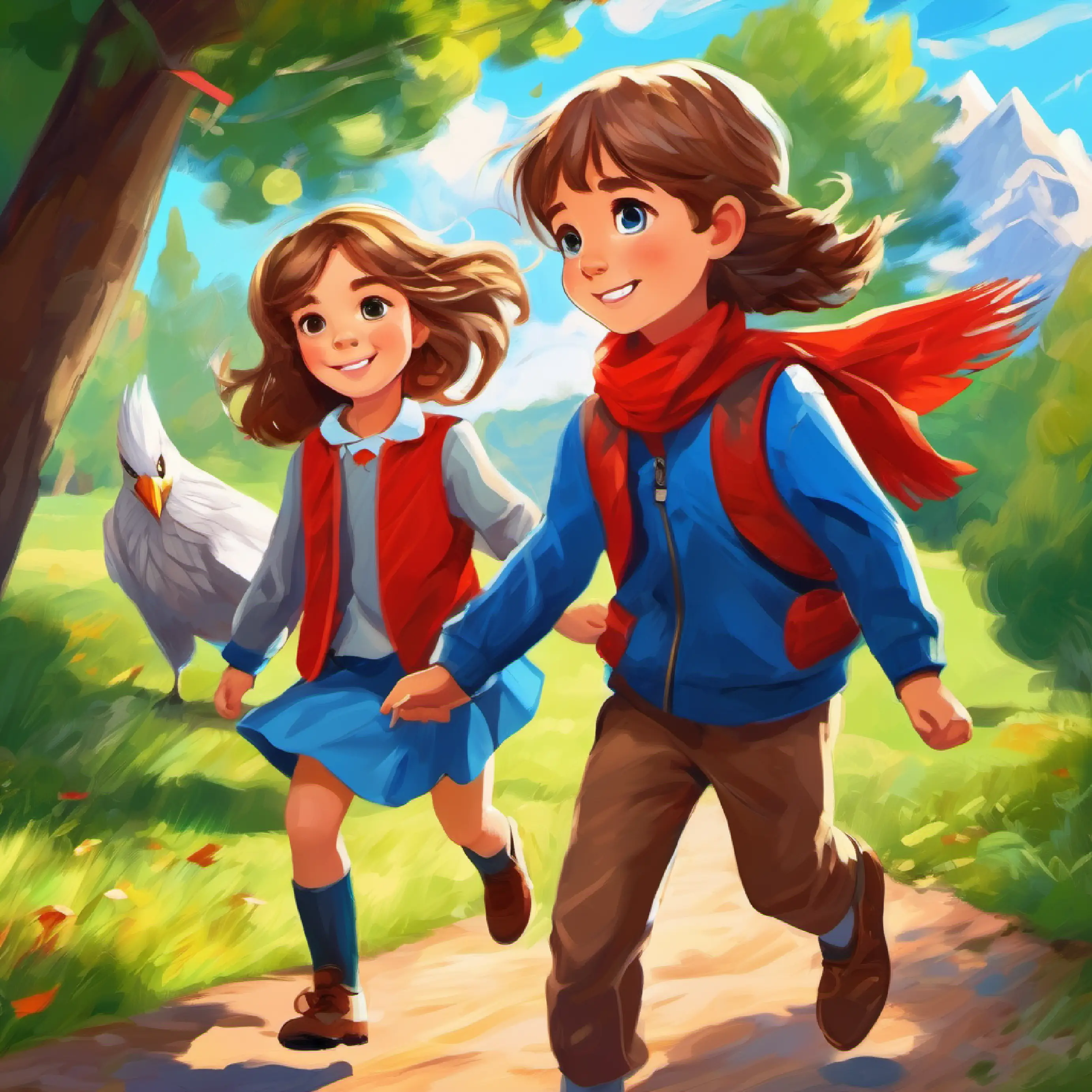 Girl, 7 years old, long brown hair, brown eyes, cheerful, Boy, 7 years old, short blonde hair, blue eyes, determined in park, sunny day, playing with red kite.