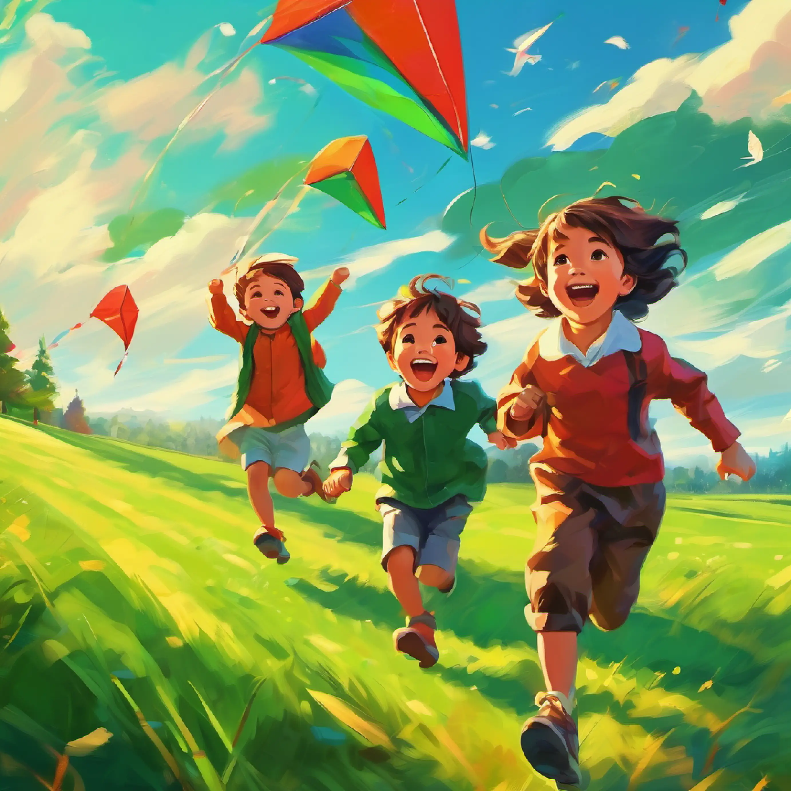 Children running, green grass, kite flying high, laughter.