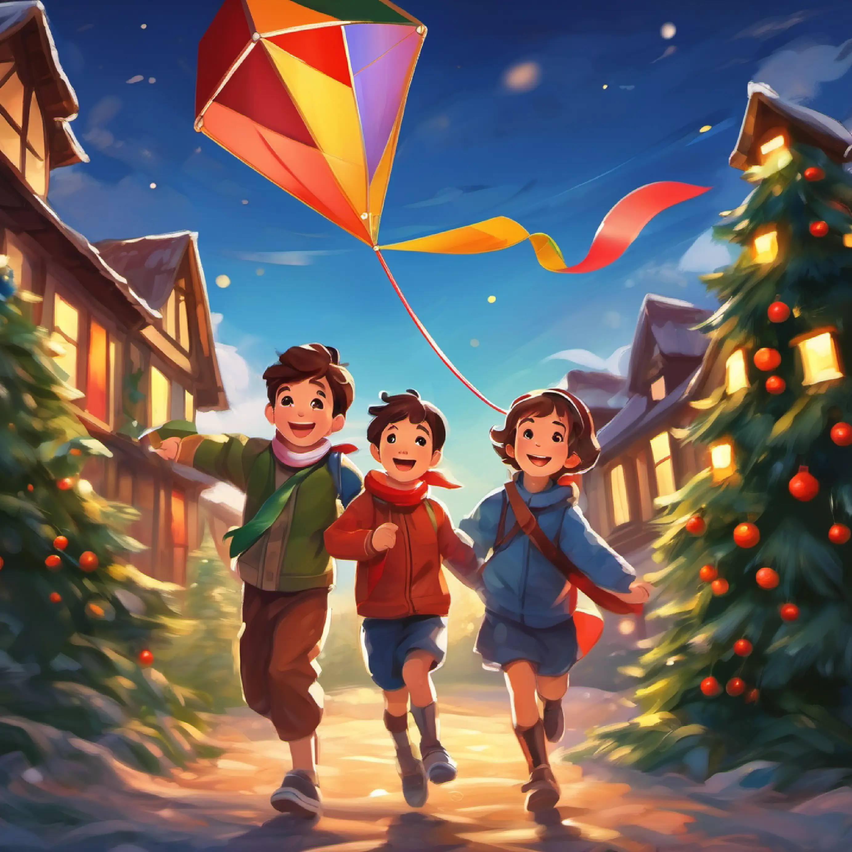 Children smiling, holding kite, happy with their teamwork.