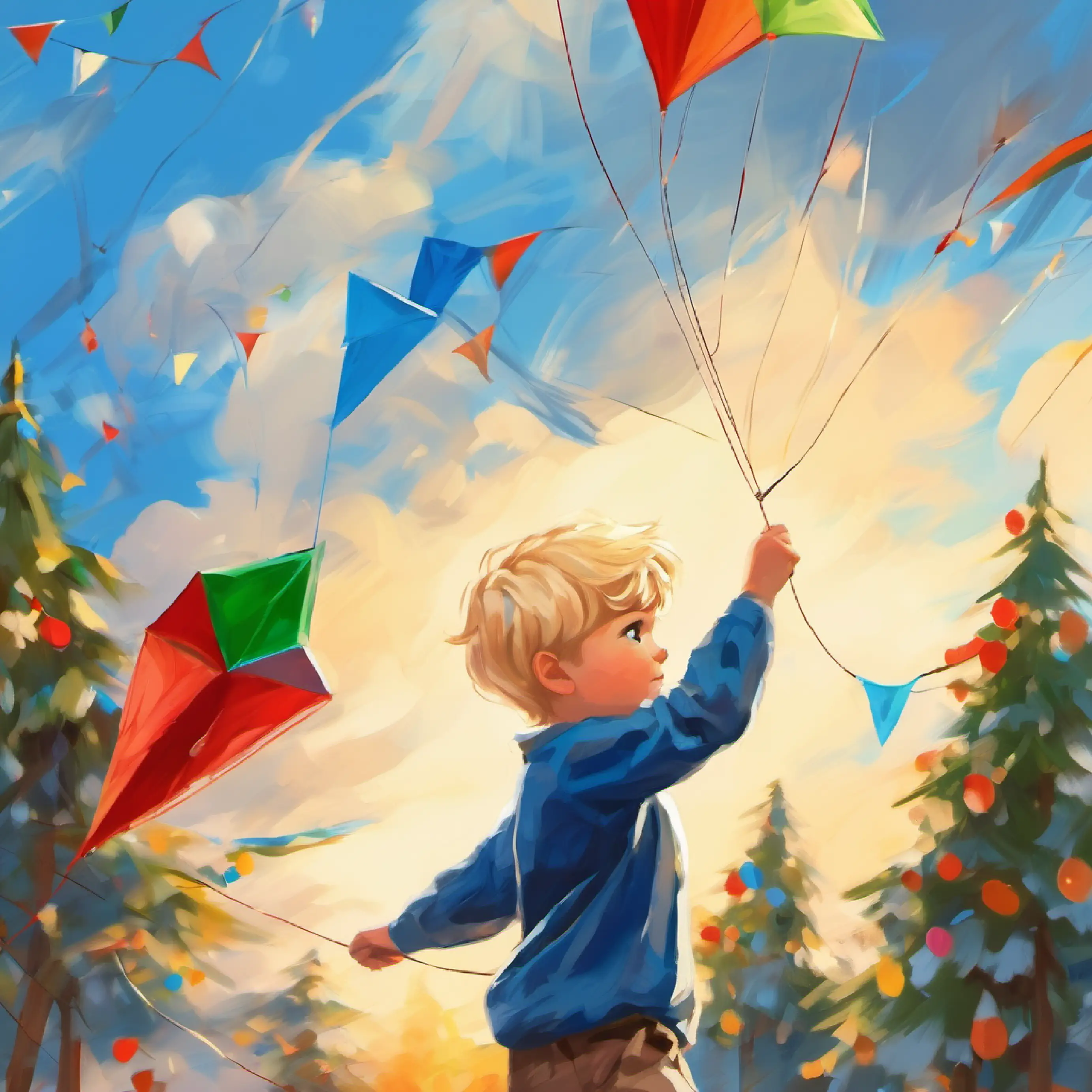 Wind blowing, kite string slips from Boy, 7 years old, short blonde hair, blue eyes, determined's hand.