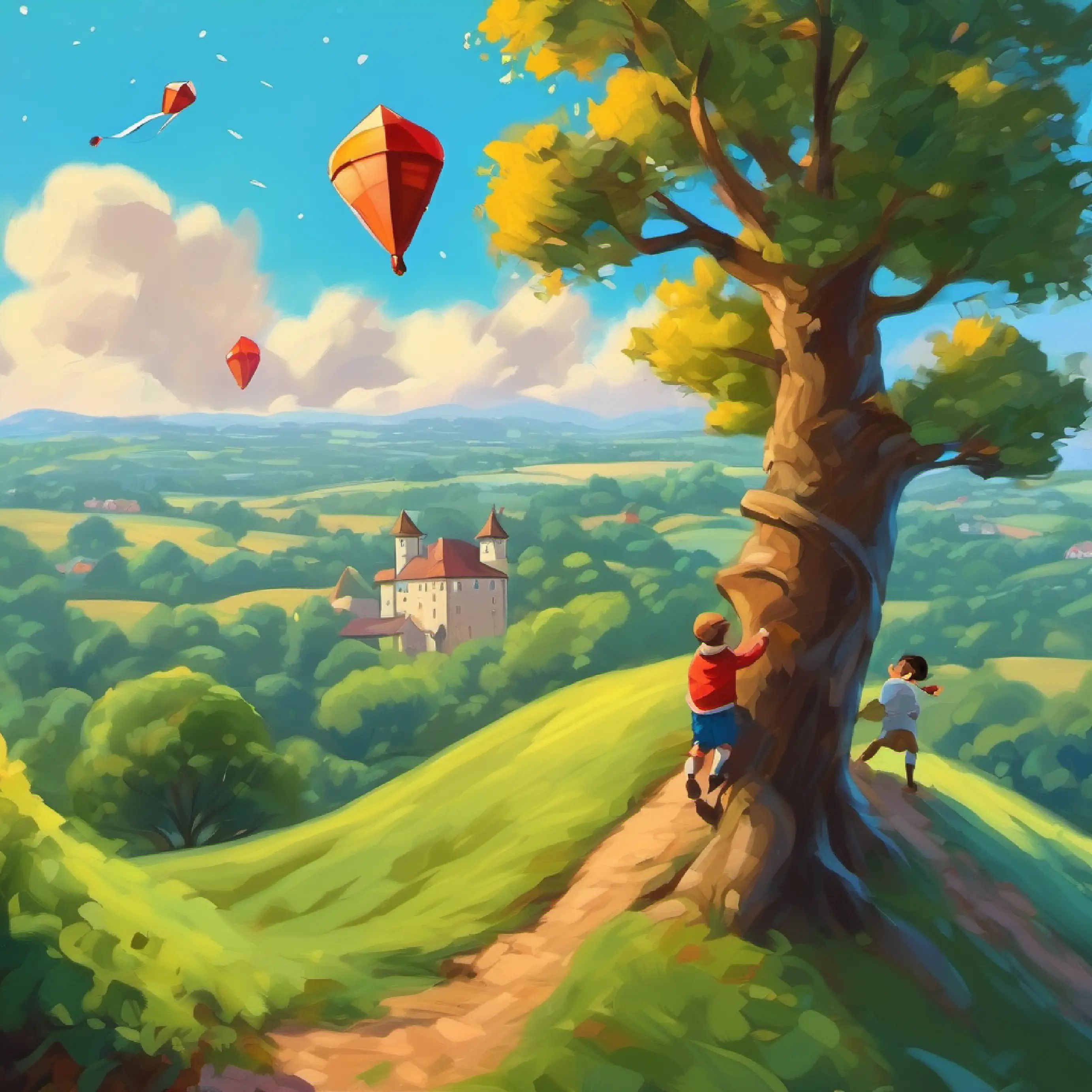 Children climbing hill, spotting kite in oak tree.