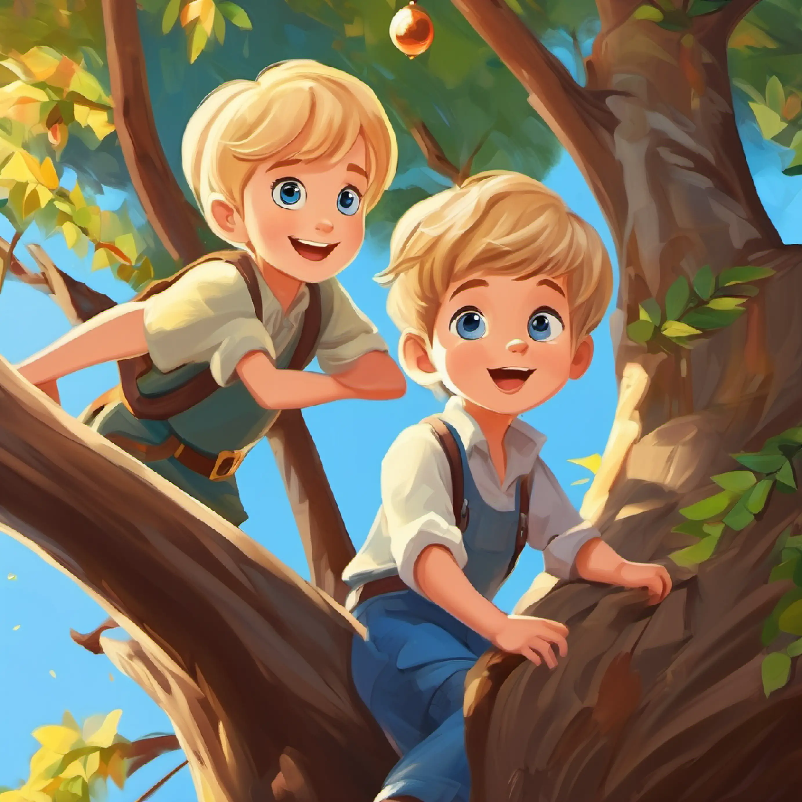 Boy, 7 years old, short blonde hair, blue eyes, determined attempting to climb tree, too high, Girl, 7 years old, long brown hair, brown eyes, cheerful has an idea.