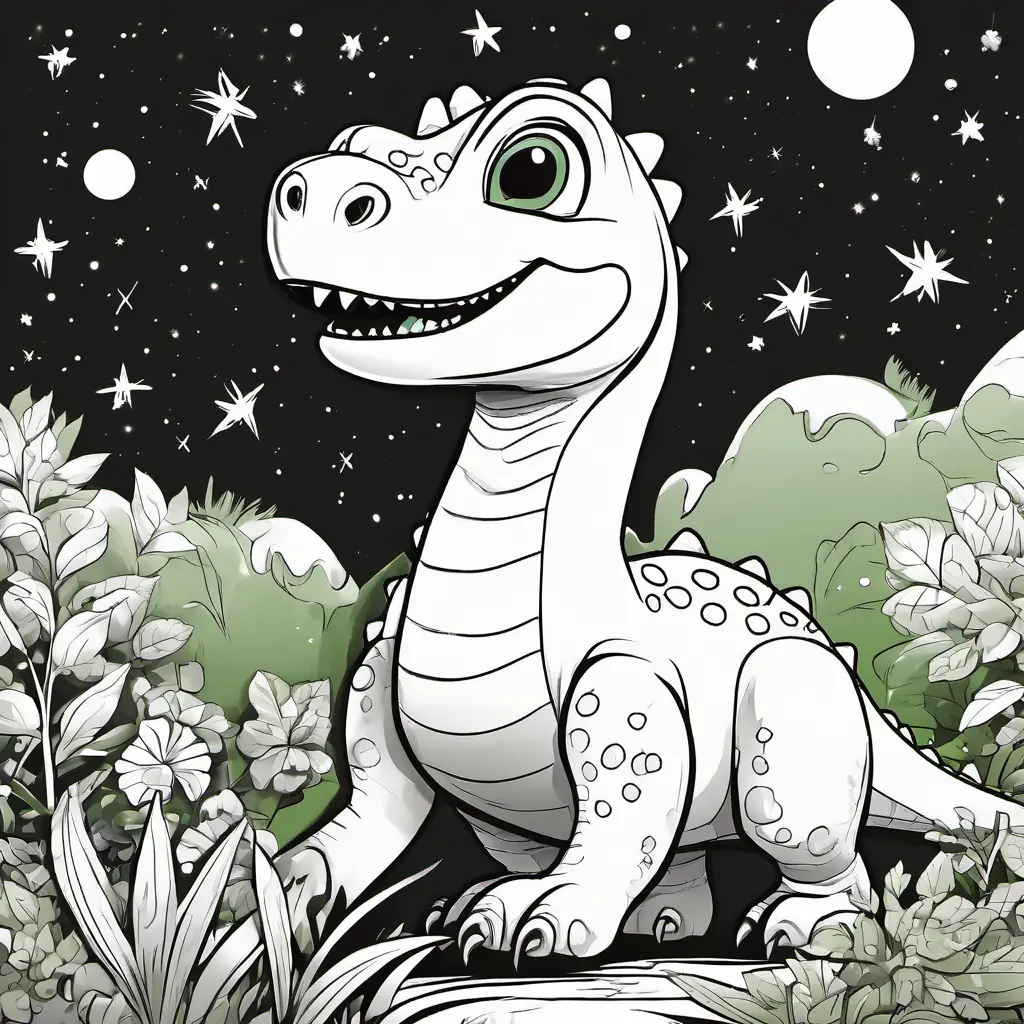 Dino is a friendly green dinosaur with big eyes and a big smile, a green dinosaur with big eyes, was standing in his backyard, looking up at the stars.