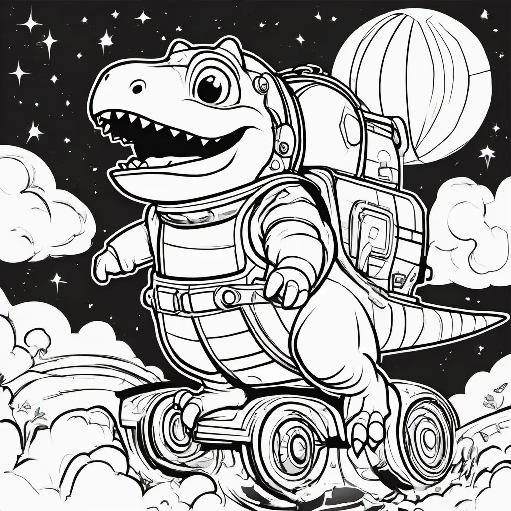 Dino is a friendly green dinosaur with big eyes and a big smile, wearing a space helmet, was sitting inside his colorful rocket ship.