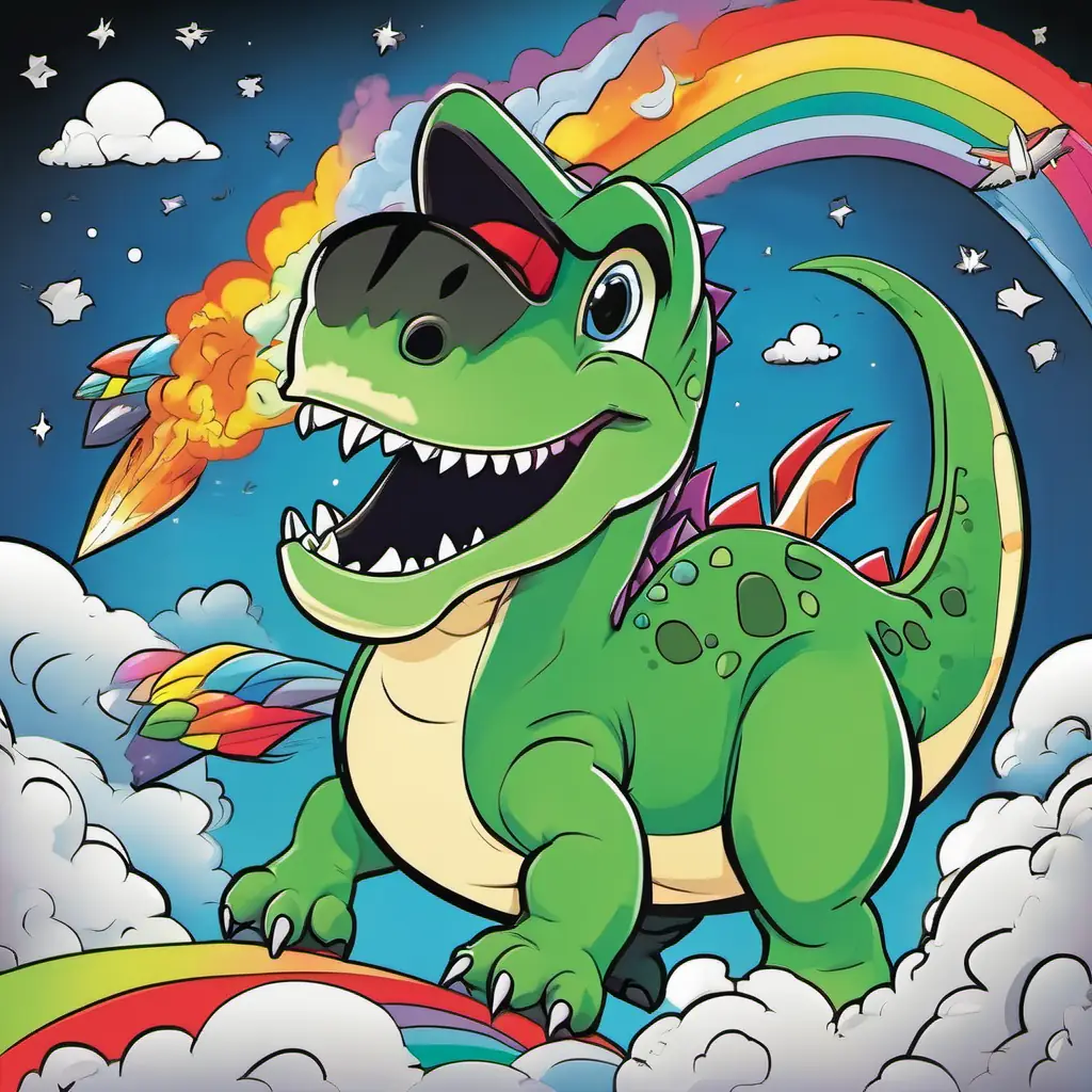 Dino is a friendly green dinosaur with big eyes and a big smile's rocket ship soaring through the sky, leaving a trail of colorful smoke.