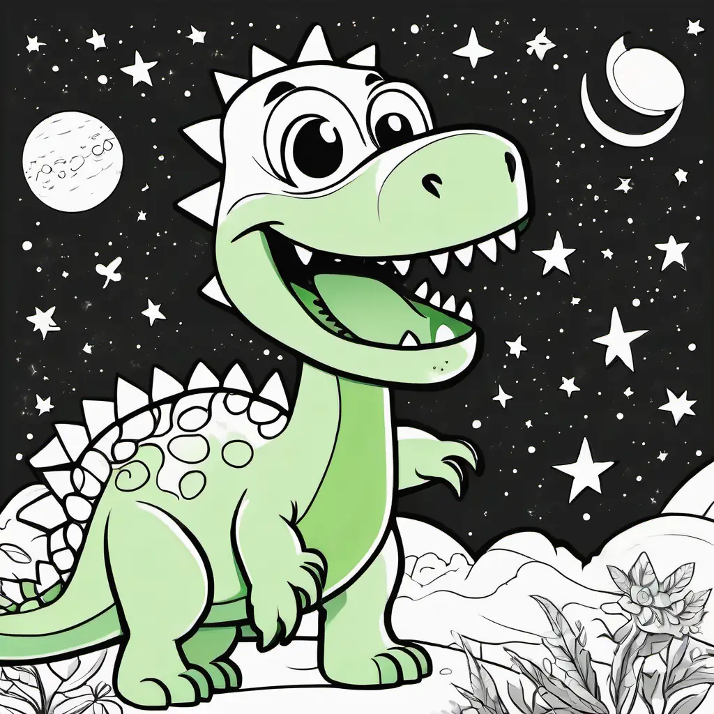 Dino is a friendly green dinosaur with big eyes and a big smile floating in space, surrounded by stars and the moon.