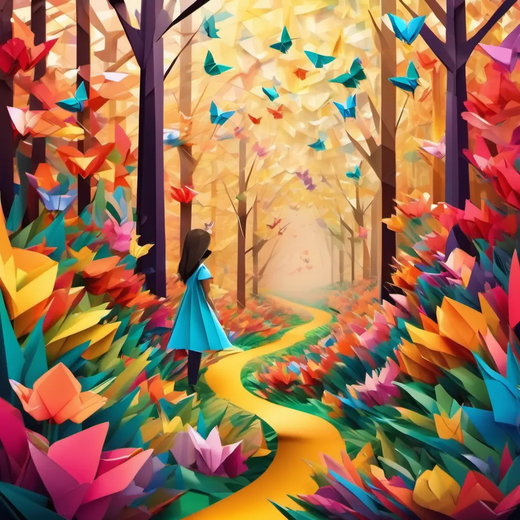 The girls find a hidden path in the forest that leads them to a colorful meadow with floating butterflies.