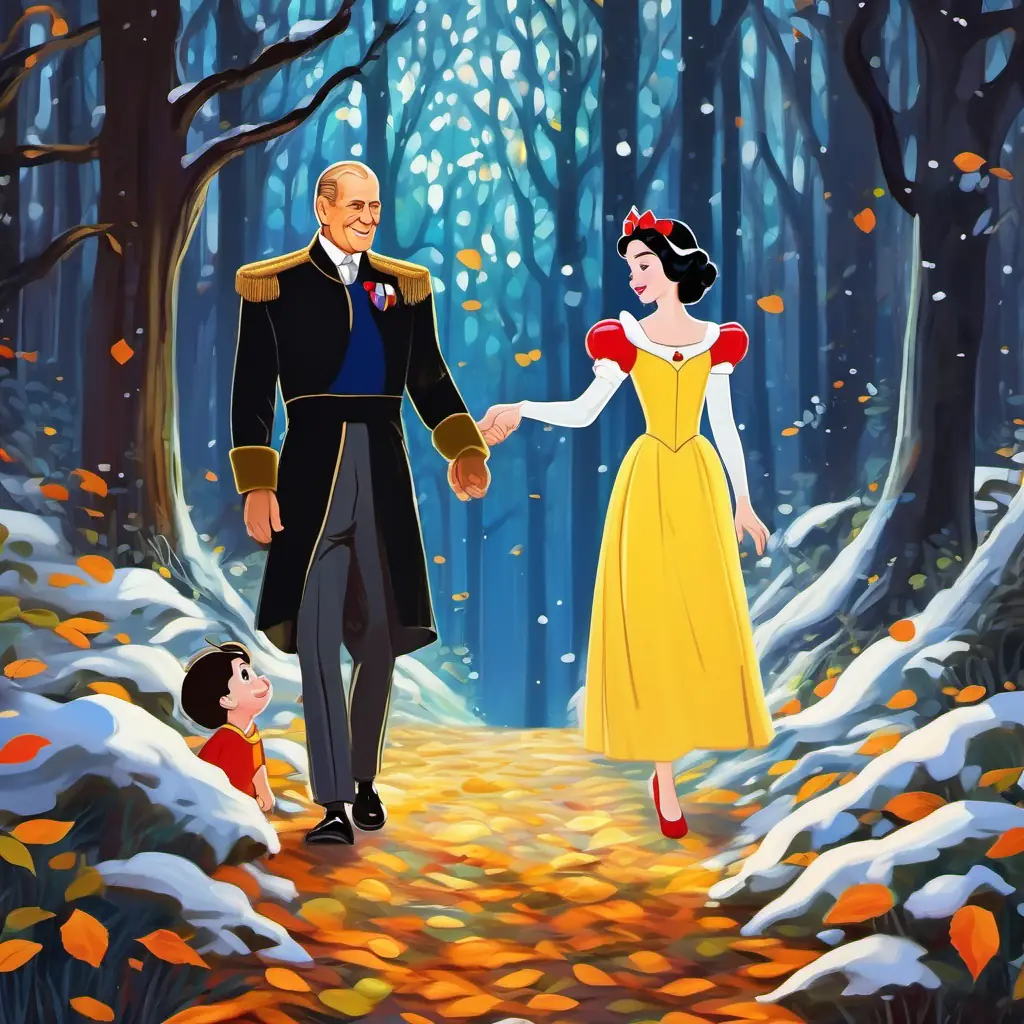 Snow White and Prince Philip walking hand in hand through the enchanting forest