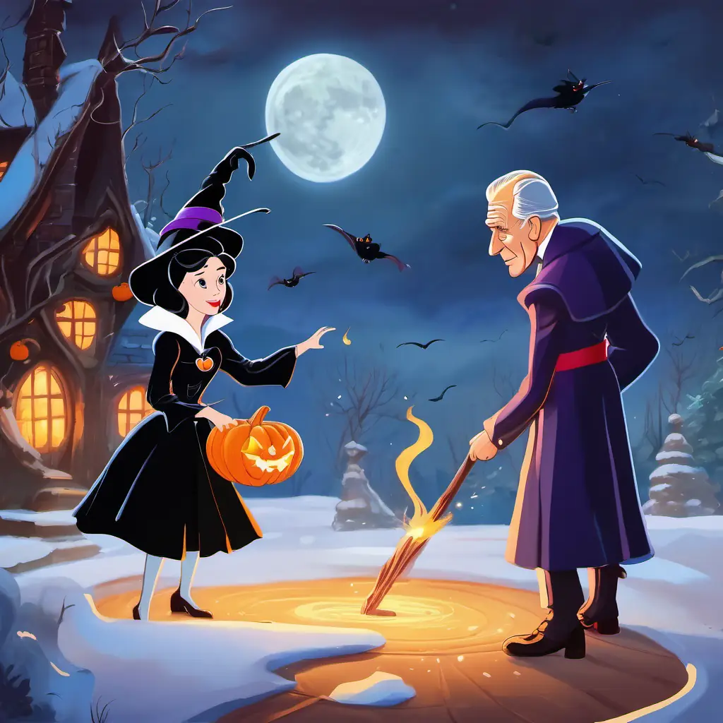 Evil witch casting a spell on Snow White while Prince Philip watches in shock