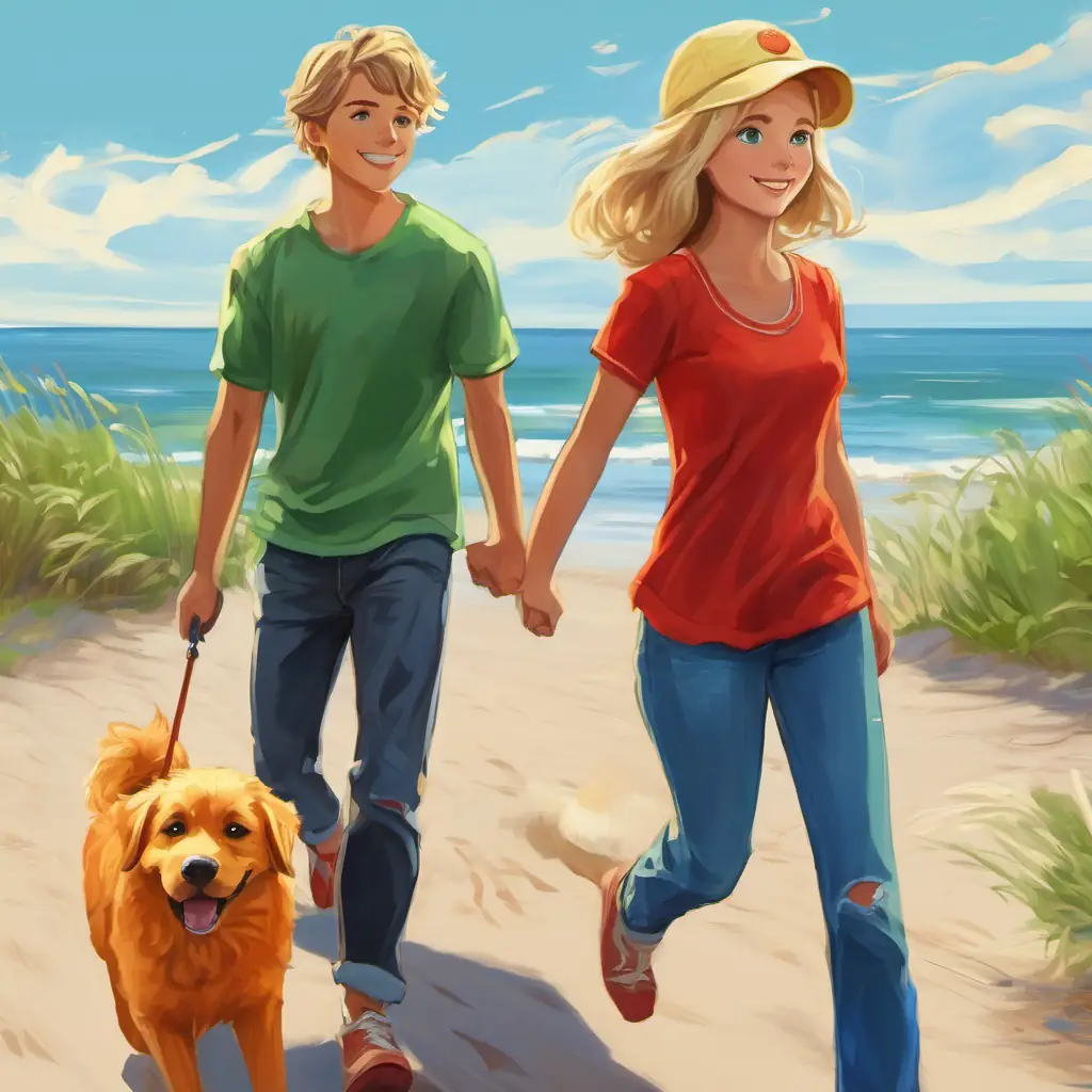 Boy Maris: Short brown hair, blue eyes, wearing a red t-shirt and jeans and Girl Merike: Long blonde hair, green eyes, wearing a yellow sundress, with their dog Morris, walking on the sandy seashore enjoying the sunny day.