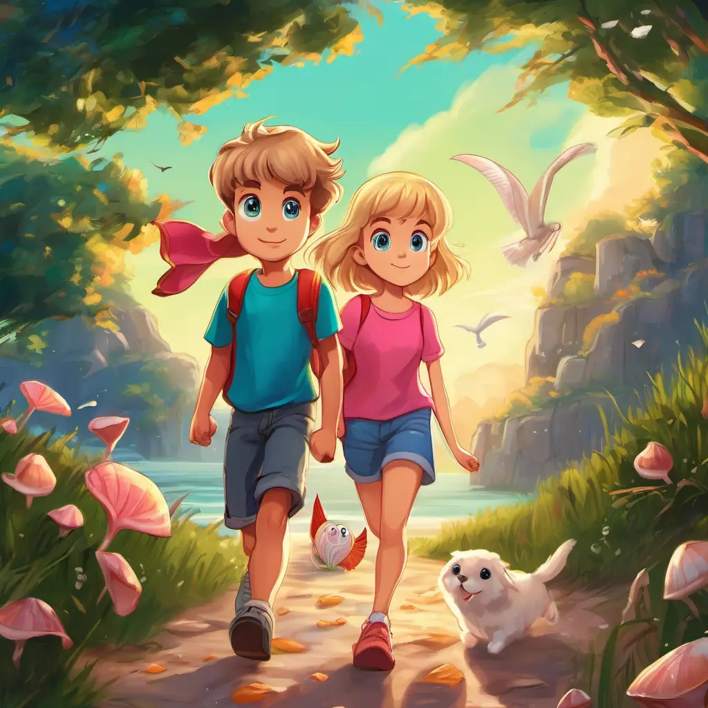 Boy Maris: Short brown hair, blue eyes, wearing a red t-shirt and jeans holding a pink seashell, Girl Merike: Long blonde hair, green eyes, wearing a yellow sundress holding a shiny blue seashell, and Morris chasing seagulls.