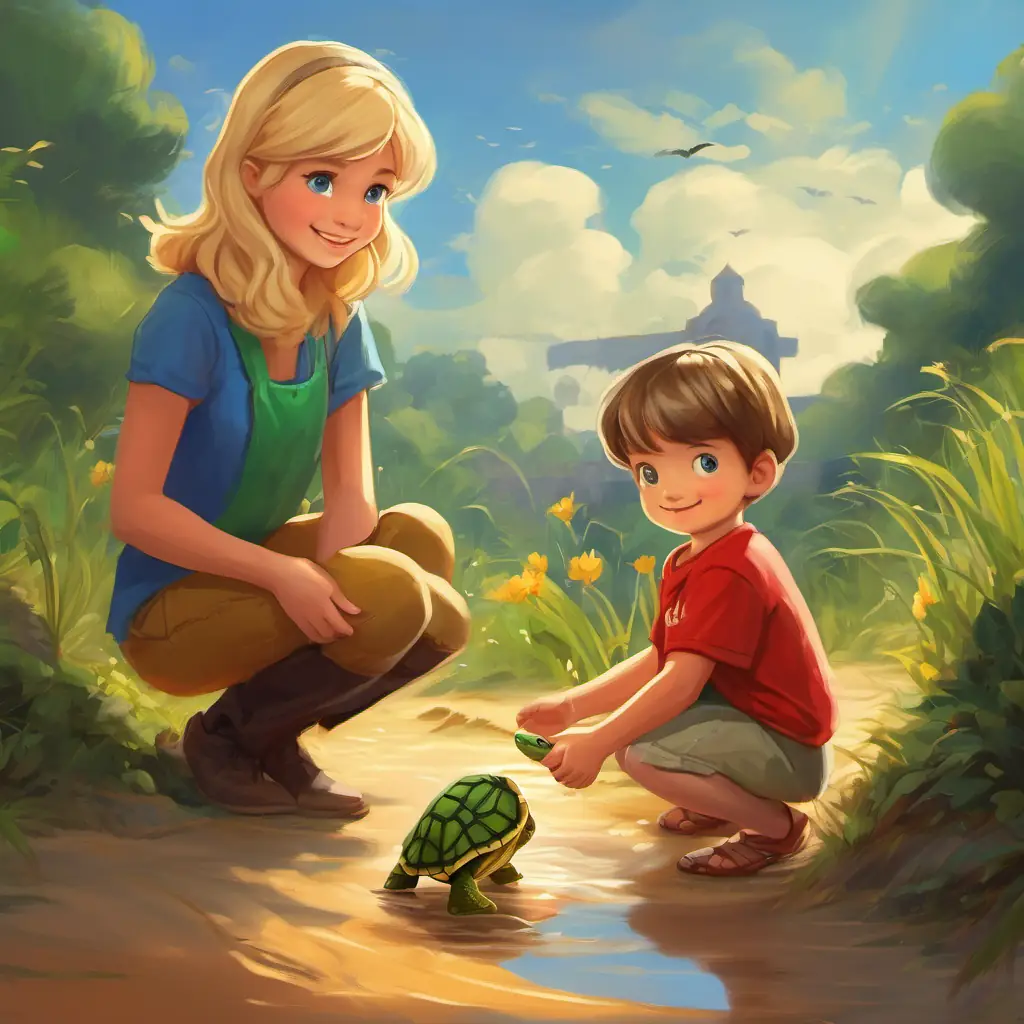 Boy Maris: Short brown hair, blue eyes, wearing a red t-shirt and jeans rescuing a baby turtle from a sandcastle moat, with Girl Merike: Long blonde hair, green eyes, wearing a yellow sundress and Morris cheerfully looking on.
